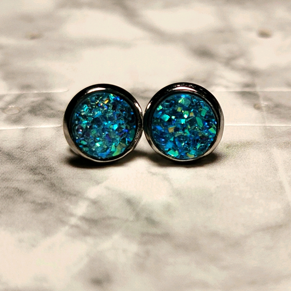 Light Blue Druzy Stud Earrings